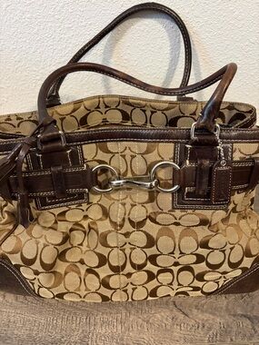 Coach Tan Signature Canvas Tote with Dark Brown Leather Trim